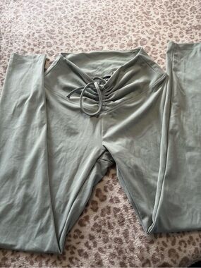 Pink High-Waist Drawstring Leggings in Sage Green